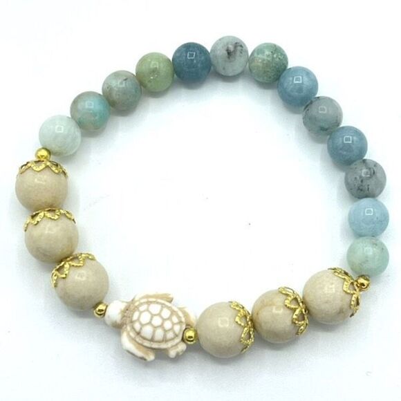 Crystal beaded stretch bracelet ONE NEW white jade turtle Amazonite meditation y - Picture 1 of 9